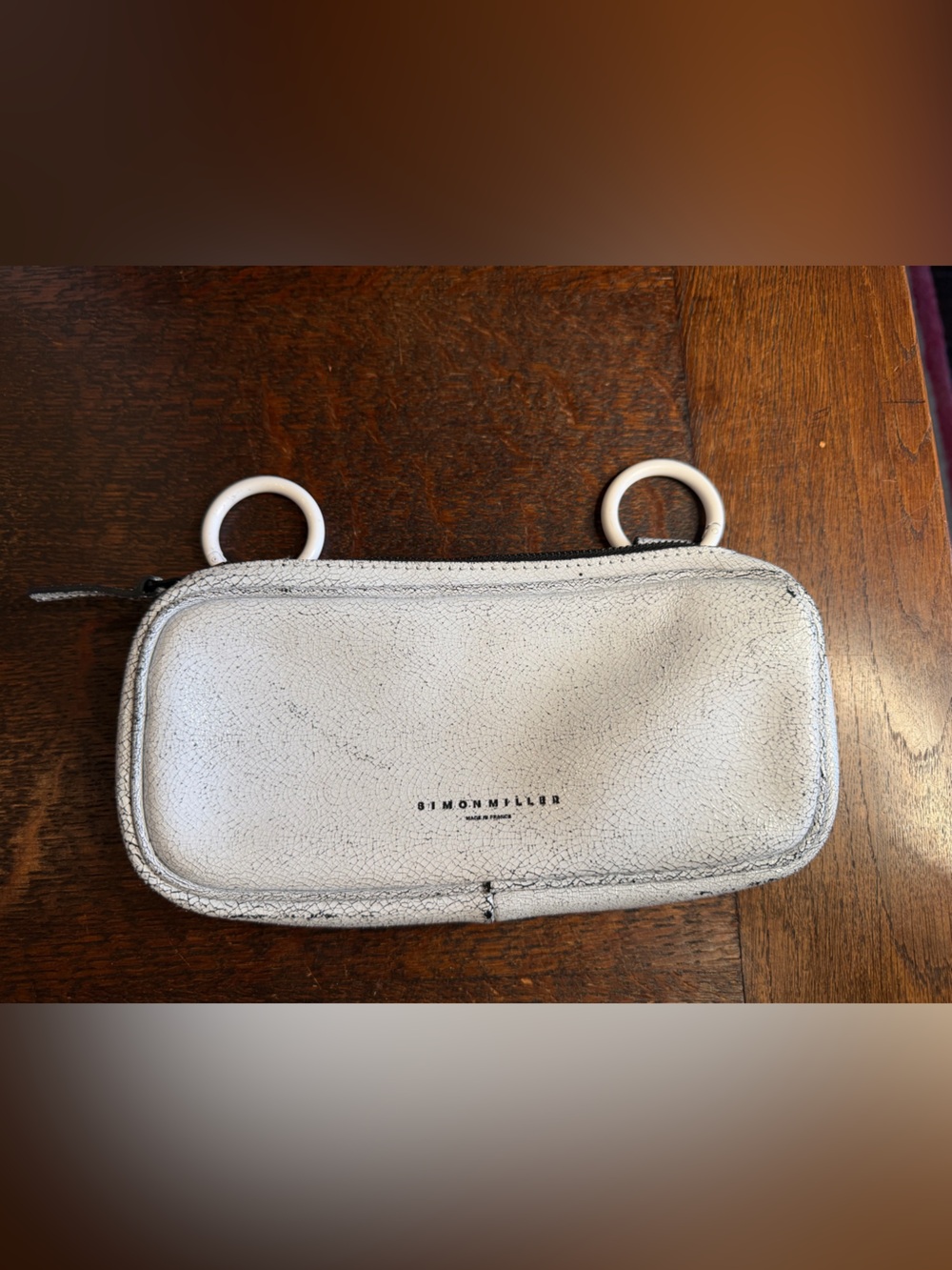 Simon Miller White Black Crackle Leather Pop Ring Pouch Bag GUC